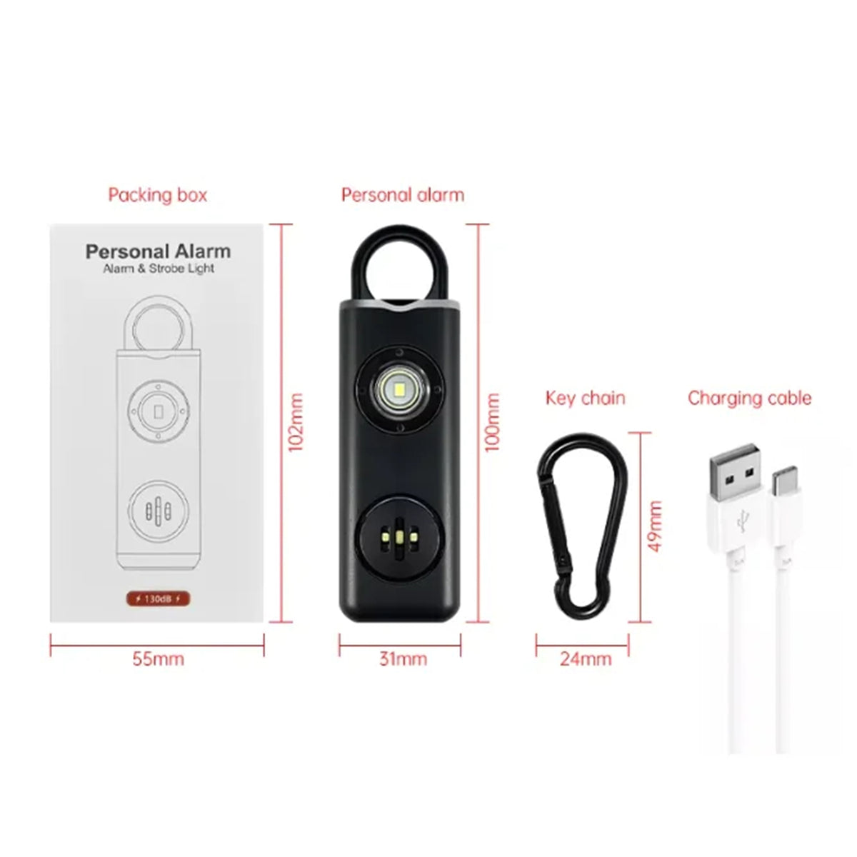 Rechargeable Safety Alarm Keychain with Strobe Light