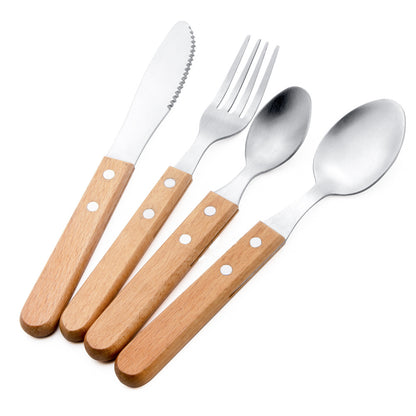 4-Piece 304 Stainless Steel Flatware Set Cutlery Silverware Tableware Set W/Wooden Handle