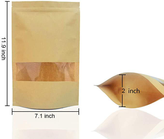 7.1 x 11.9" Kraft Bags with Window Stand Up Ziplock Seal Paper Bag Resealable Food Storage Pouch