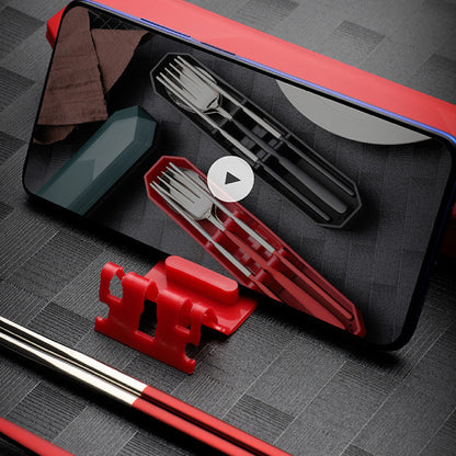 304 Stainless Steel Portable Travel Utensils Set Camping Tableware Set with Case Phone Holder