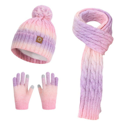 Children Cable Knit Beanie W/ Pom-pom Hat Scarf Gloves Set