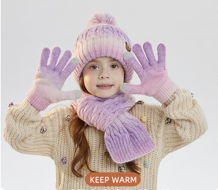 Children Cable Knit Beanie W/ Pom-pom Hat Scarf Gloves Set