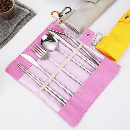 7-Piece 304 Stainless Steel Flatware Chopstick Spoon Straw Fork Knife Tableware Set W/Bag(Model C)