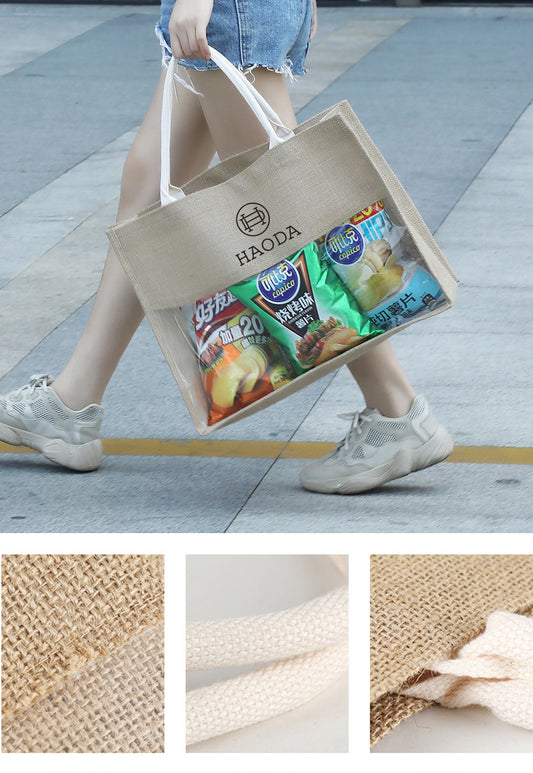 Burlap Tote Bags W/A Clear Window
