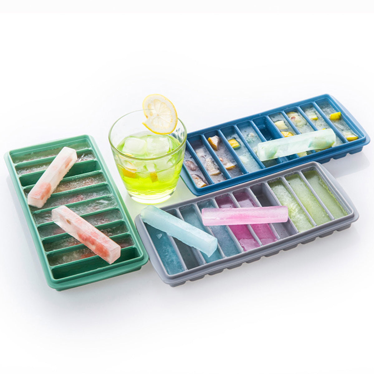 10 Rectangle Silicone Ice Cube Molds with Removable Lid Ice Cube Tray