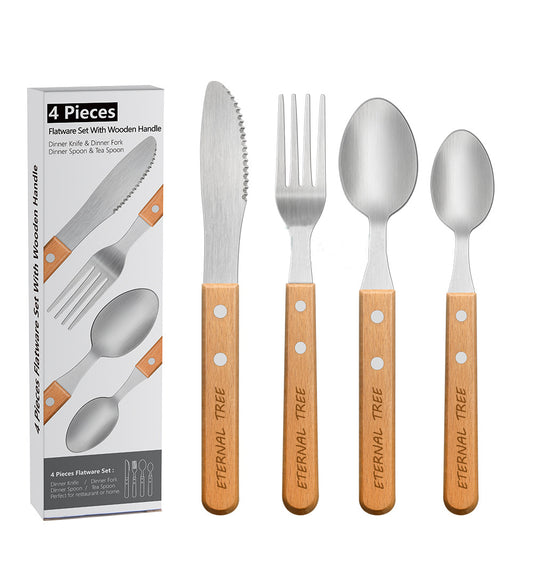 4-Piece 304 Stainless Steel Flatware Set Cutlery Silverware Tableware Set W/Wooden Handle