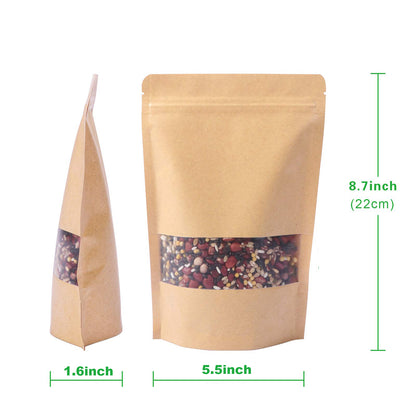 5.5 x 8.7" Kraft Bags with Window Stand Up Ziplock Seal Paper Bag Resealable Food Storage Pouch