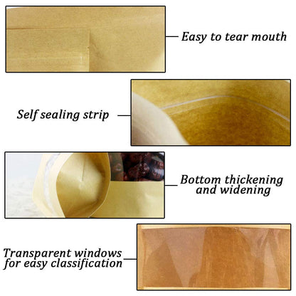 5.5 x 8.7" Kraft Bags with Window Stand Up Ziplock Seal Paper Bag Resealable Food Storage Pouch