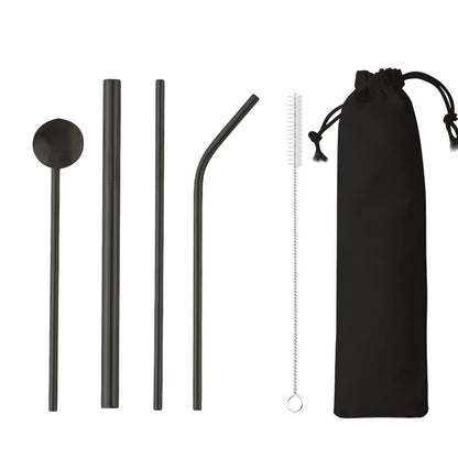 5-Piece 304 Stainless Steel Flatware Drinking Spoon Straw Tableware Set W/Drawstring Bag(Black)