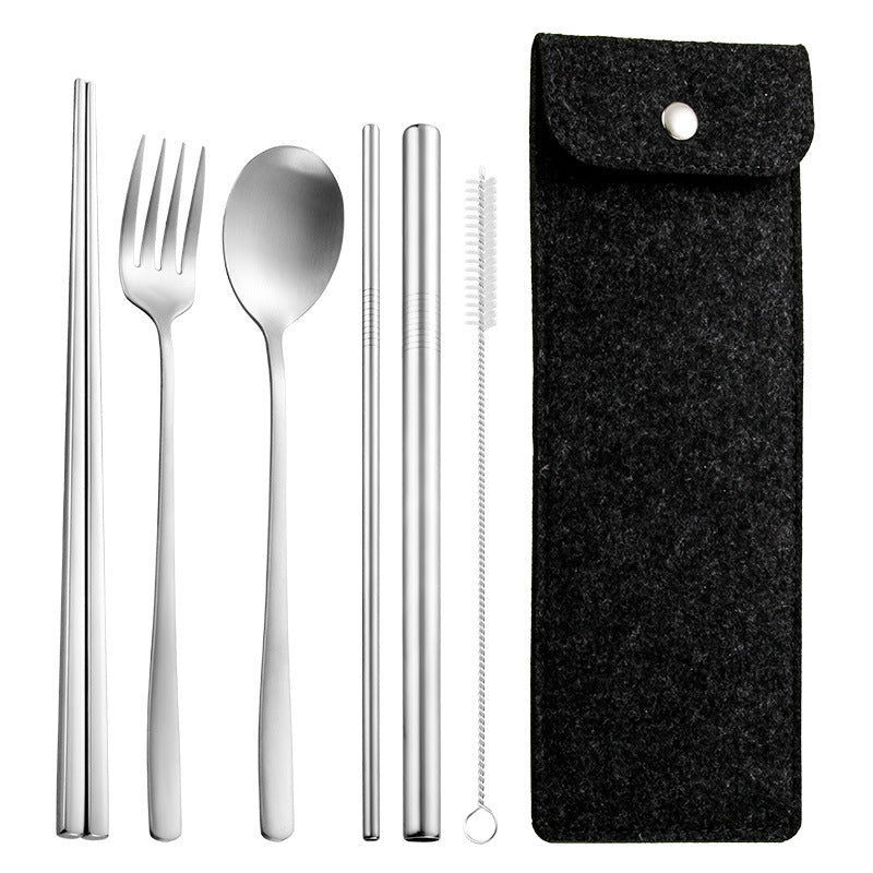 6-Piece 304 Stainless Steel Flatware Spoon Chopsticks Fork Straw Tableware Set W/Felt Bag