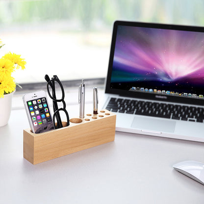 Cell Phone Stand W/Pen Storage Hole Natural Beech Wood Desktop Multi-functional Desk Organizer