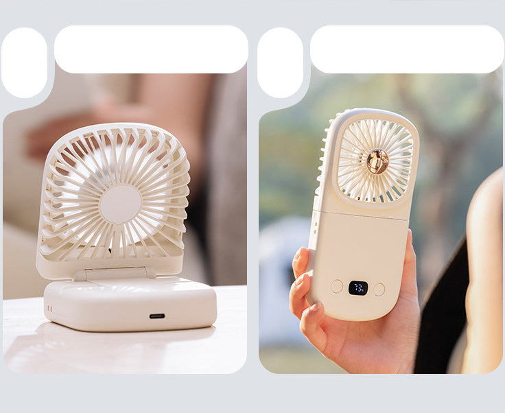 Foldable Mini Handheld Fan Digital Display Rechargeable Fan With Hanging Lanyard