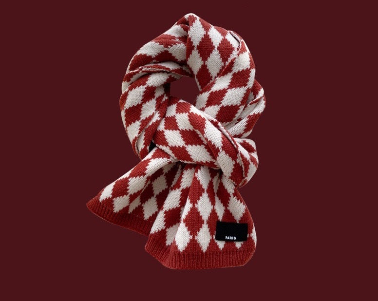 63" Polyester Checkerboard Plaid Scarf Cable Knitted Scarf Wrap Chunky Long Warm Scarf-Embroidery