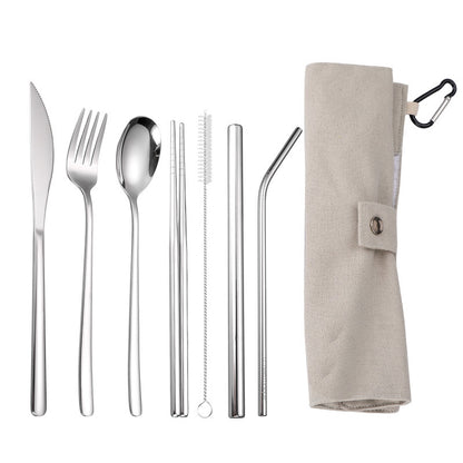 7-Piece 304 Stainless Steel Flatware Chopstick Spoon Straw Fork Knife Tableware Set W/Bag(Model B)