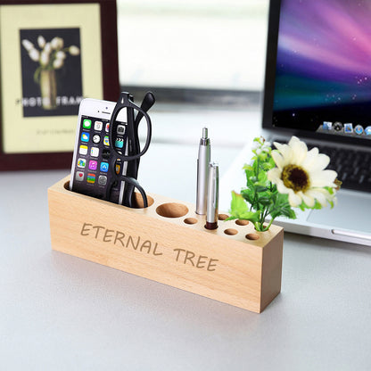 Cell Phone Stand W/Pen Storage Hole Natural Beech Wood Desktop Multi-functional Desk Organizer