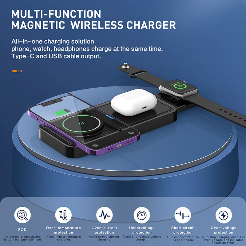 Magnetic 3" 1 Wireless Charging Pad Travel Charger For Multiple Devices