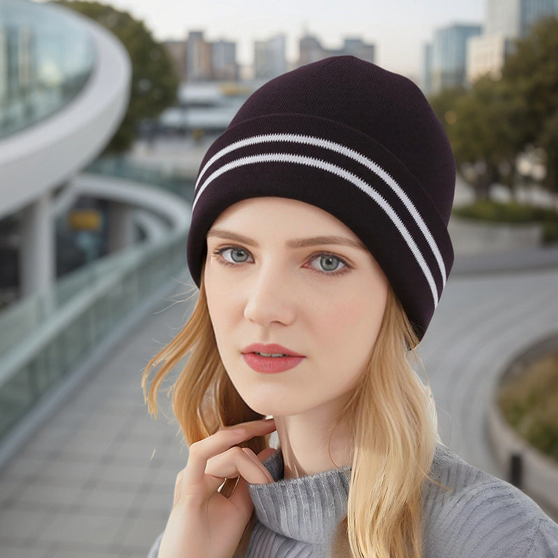 Reflective Double Stripes Unisex Adult Knit Cuffed Beanie Hat
