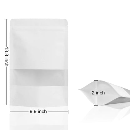 9.9 x 13.8" White Kraft Paper Bags W/Window Stand Up Ziplock Resealable Pouch Coffee Bag