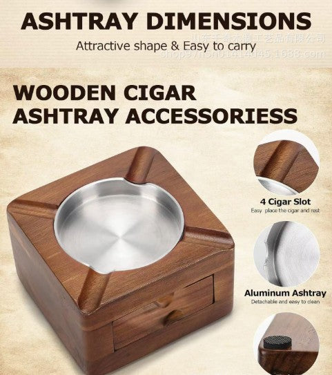 Square Wooden Cigar Ashtray W/ Storage Drawer