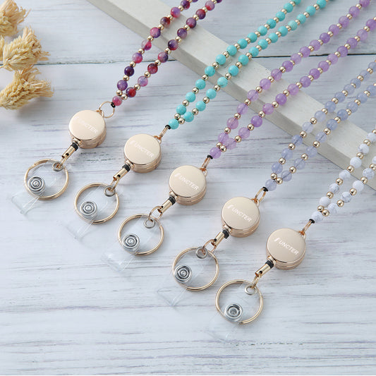 Natural Stone Beaded Necklaces Teacher Retractable Lanyard ID Badge Strap