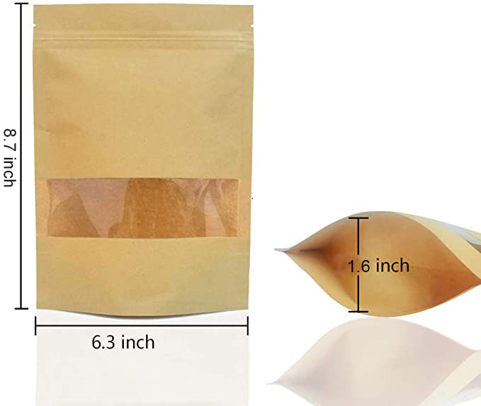 6.3 x 8.7" Kraft Bags with Window Stand Up Ziplock Seal Paper Bag Resealable Food Storage Pouch