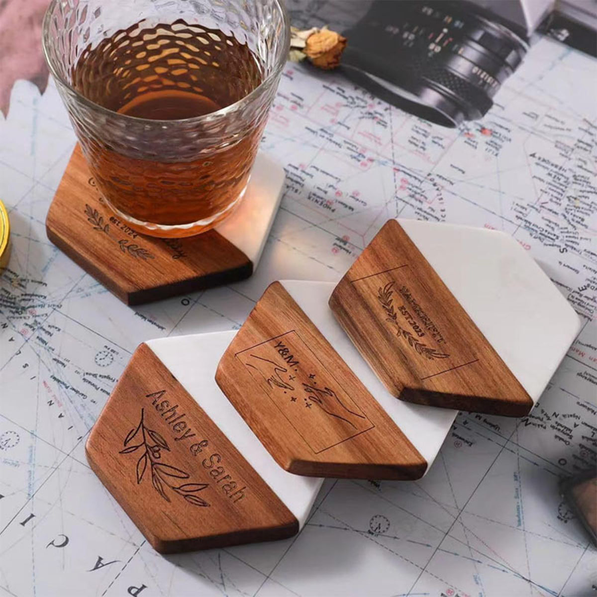 Hexagon Marble & Wood Coaster