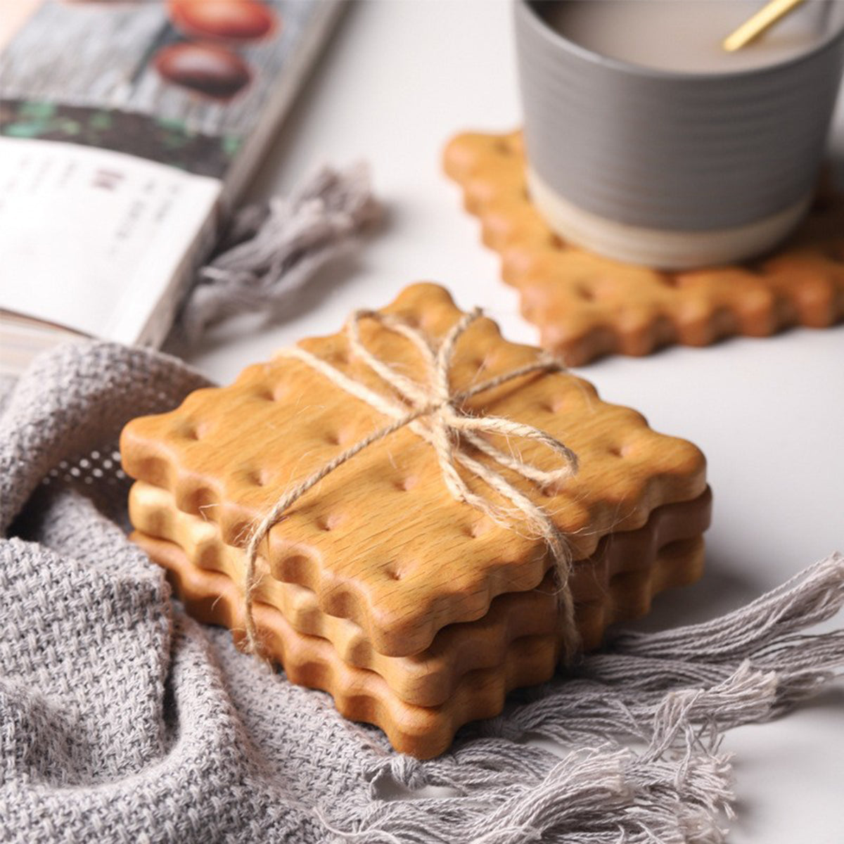 Beech Wood Square Biscuit Shaped Cup Coasters
