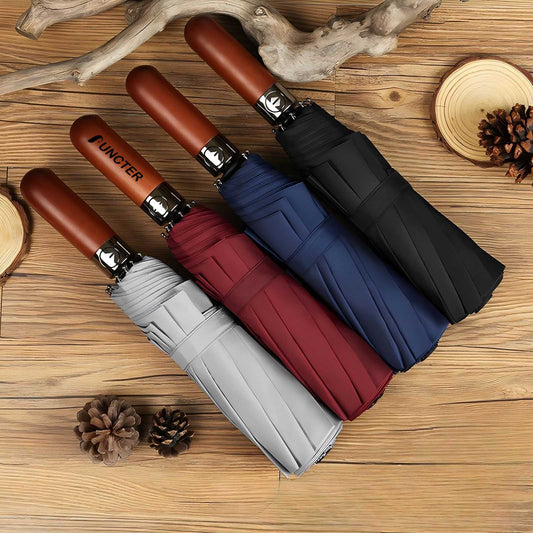 Auto Open Close 10 Rib Windproof Folding Umbrella W/ Engraved Logo Solid Wood Handle