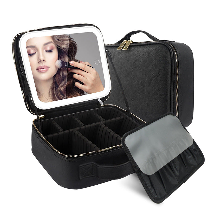 Multifunctional PU Leather Cosmetic Bag with Removable LED Mirror - Travel Makeup Bag Handle Case