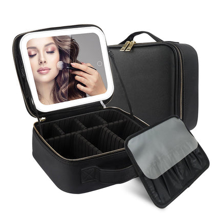 Multifunctional PU Leather Cosmetic Bag with Removable LED Mirror - Travel Makeup Bag Handle Case