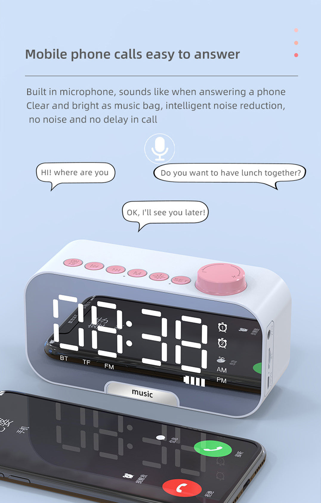 2000 mAh Digital LED Mirror Radio Alarm Clock Wireless Speaker W/Knob And Phone Bracket