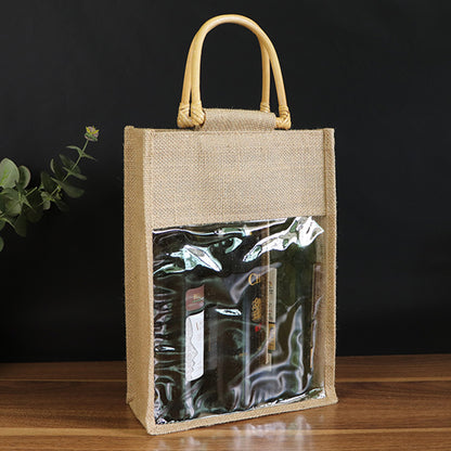 3 Bottles Wine Bag Cane Handles Jute Wine Tote w/ Window