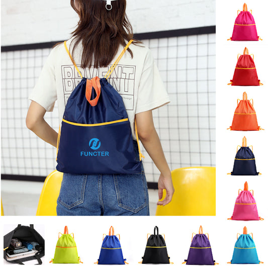 13 x 15" Drawstring Backpack with Front Pocket, Light Weight Waterproof Sports Training Bags