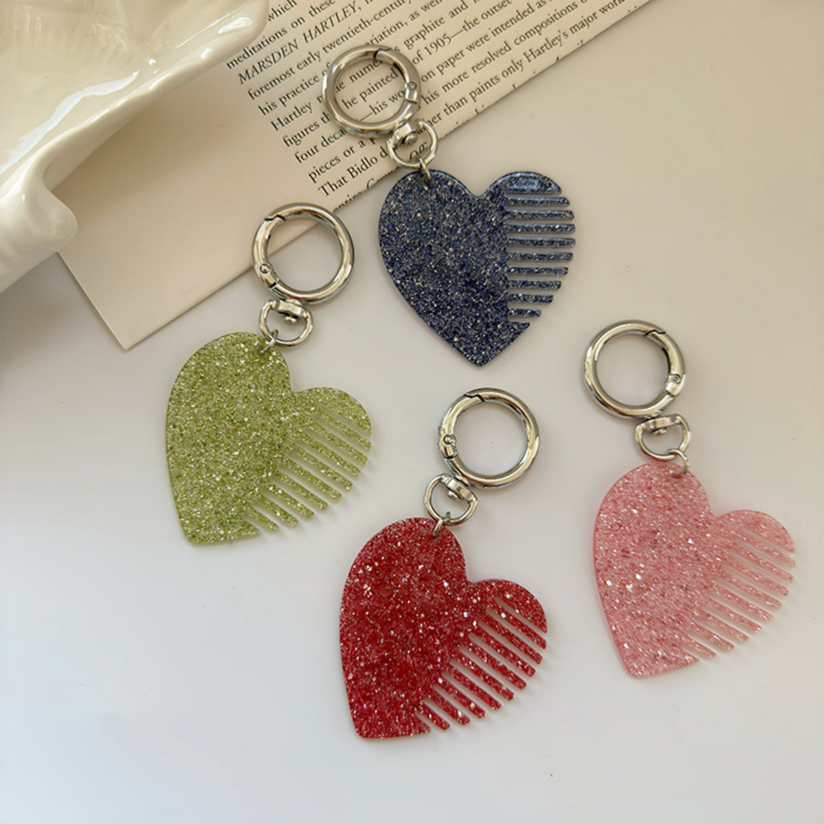Glitter Heart Hair Comb Keychain Acetate Pocket Comb
