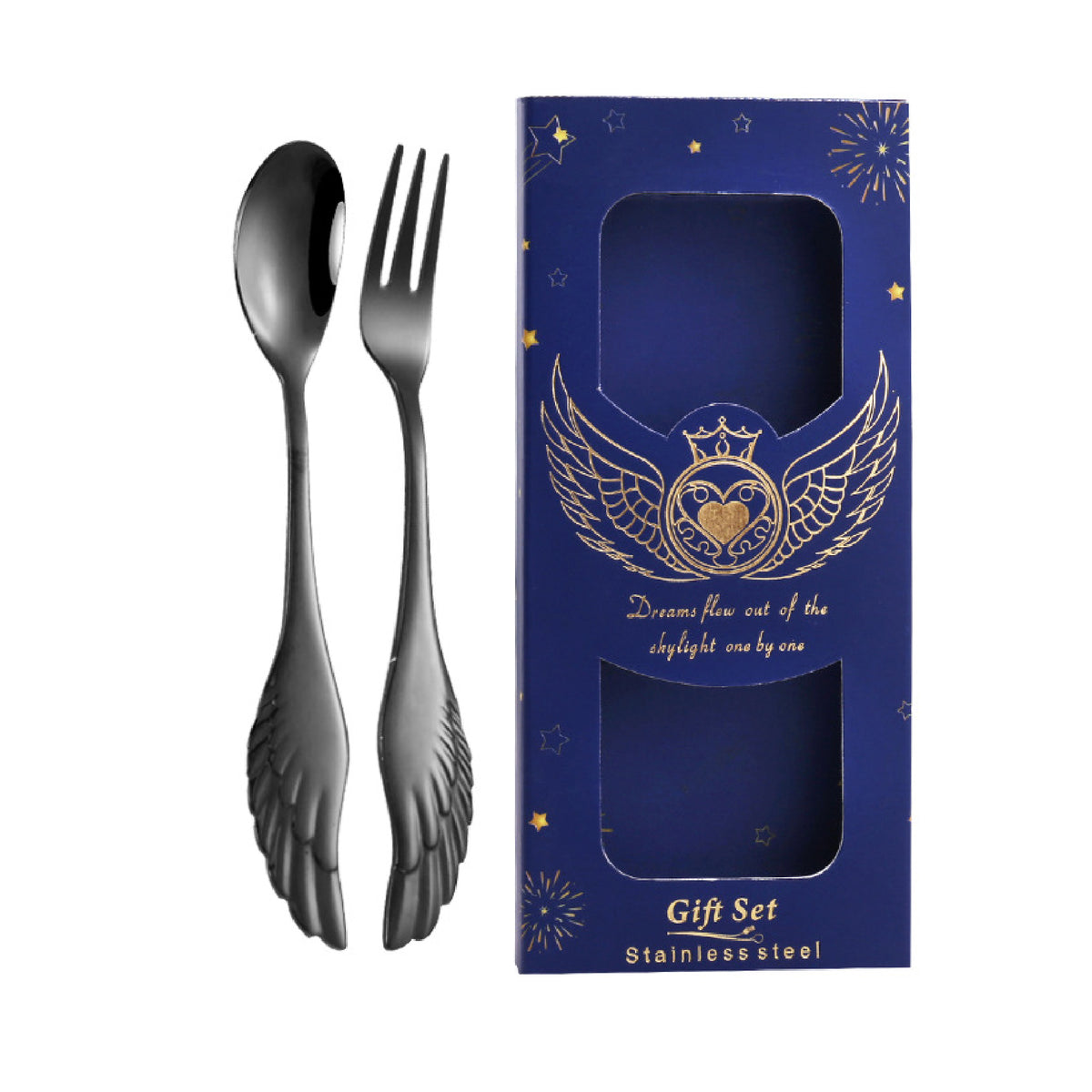 2 PCS Charcoal Black Angel Wings Spoon Fork Flatware Set Tableware Blue Gift Box
