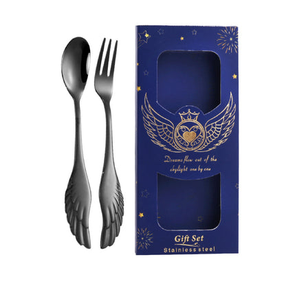 2 PCS Charcoal Black Angel Wings Spoon Fork Flatware Set Tableware Blue Gift Box