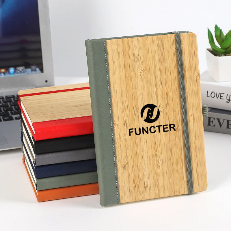 A5 Bamboo PU Leather Hardcover Bound Business Notebook Writing Journal W/ Pen Sleeve