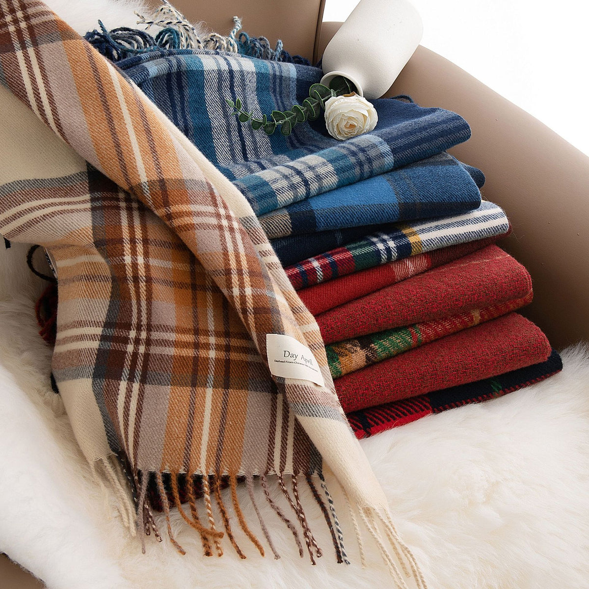 79'' Polyester Tartan Scarf Warm Autumn Winter Scarf Fringed Scarf - Woven Label