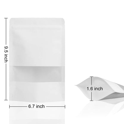 6.7 x 9.5" White Kraft Paper Bags W/Window Stand Up Ziplock Resealable Pouch Coffee Bag
