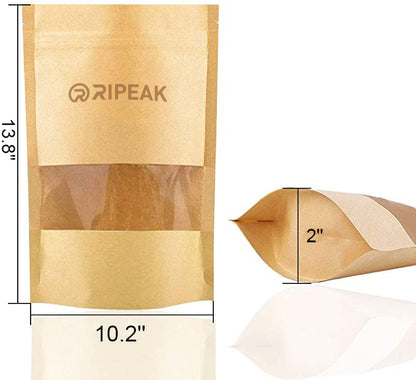 10.2 x 13.8" Kraft Bag with Window Stand Up Ziplock Seal Paper Bag Resealable Food Storage Pouch
