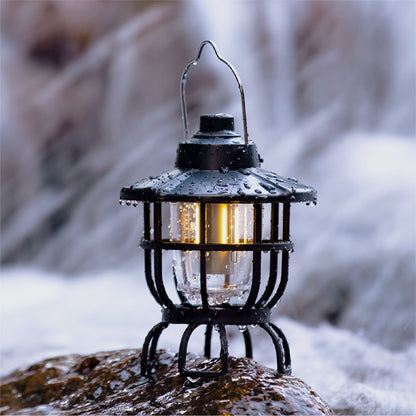 Vintage LED Light Camping Lantern Adjustable Brightness & Hanger Waterproof Outdoor Lamp