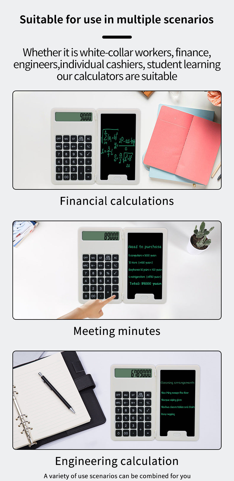 3" 1 Mini Intelligent Folding Portable Scientific Function Calculator with LCD Writing Notepad