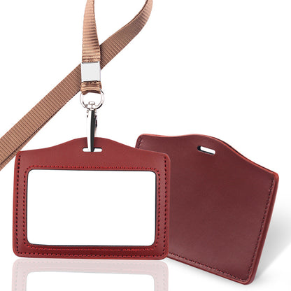 Leather Horizontal ID Badge Card Holder With Lanyard