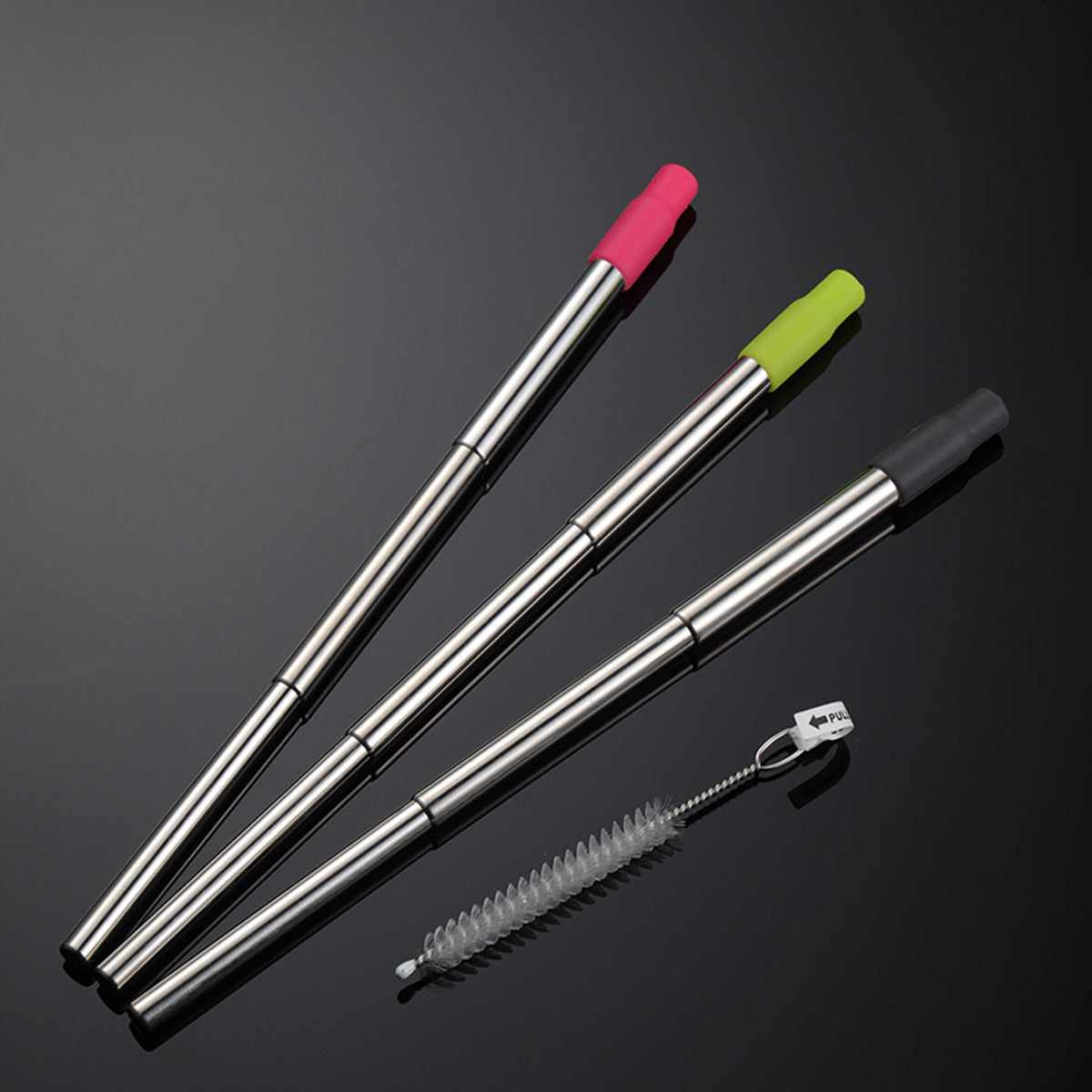 Reusable 304 Stainless Steel Collapsible Drinking Straw Cleaning Brushes Set W/ Case