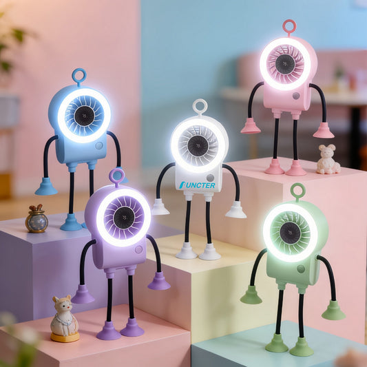 Cute Robot Handheld Fan, Portable Mini Fan With Flexible Suction Cup Arms, LED Light, Durable ABS