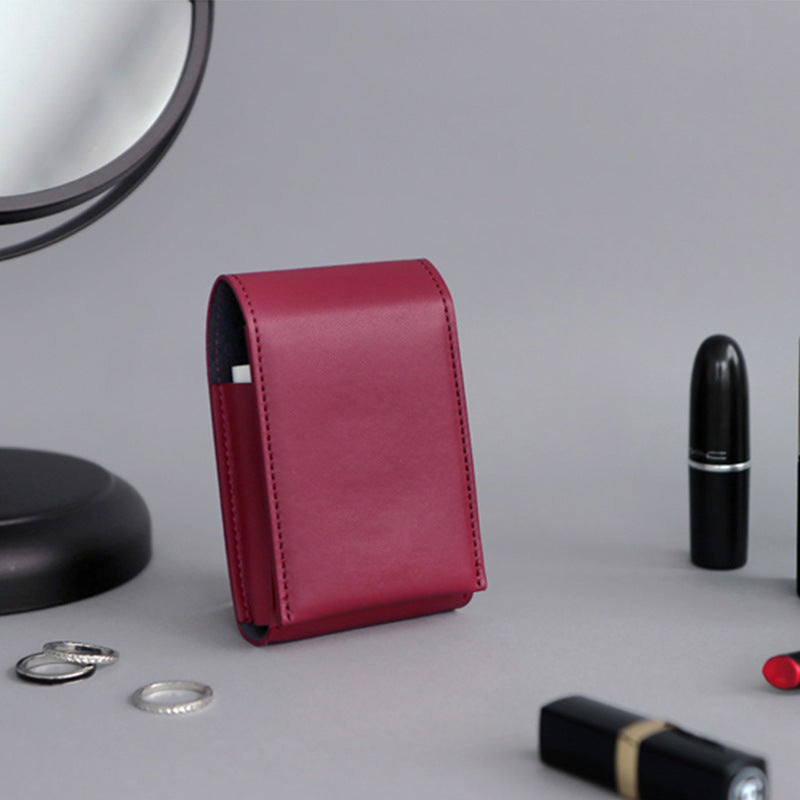 PU Leather Magnetic Buckle Makeup Bag Handle Bag Lipstick Storage Pouch W/Compact Mirror