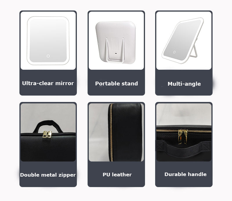 Multifunctional PU Leather Cosmetic Bag with Removable LED Mirror - Travel Makeup Bag Handle Case