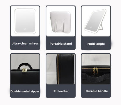Multifunctional PU Leather Cosmetic Bag with Removable LED Mirror - Travel Makeup Bag Handle Case
