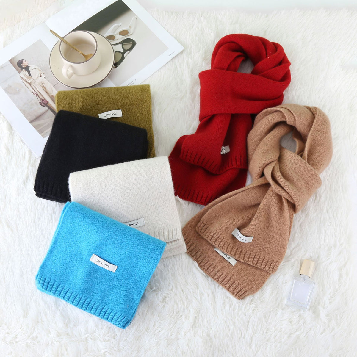 63'' 100% Lamb Wool Plain Scarf Solid Color Wool Scarf Knitted Scarf for Men and Women