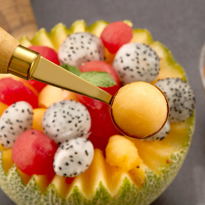 Round Gold 304 Stainless Steel Fruit Scoop Watermelon Scoop Ice Cream Scoop With Wood Handle